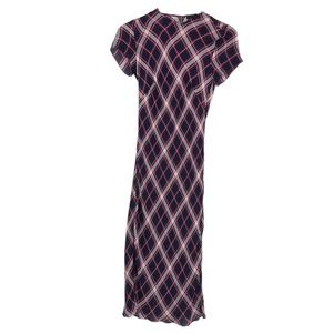 JENNI KAYNE Sz XS Silk Red Navy Ivory Plaid Midi Slip Dress Separate Slip Lining